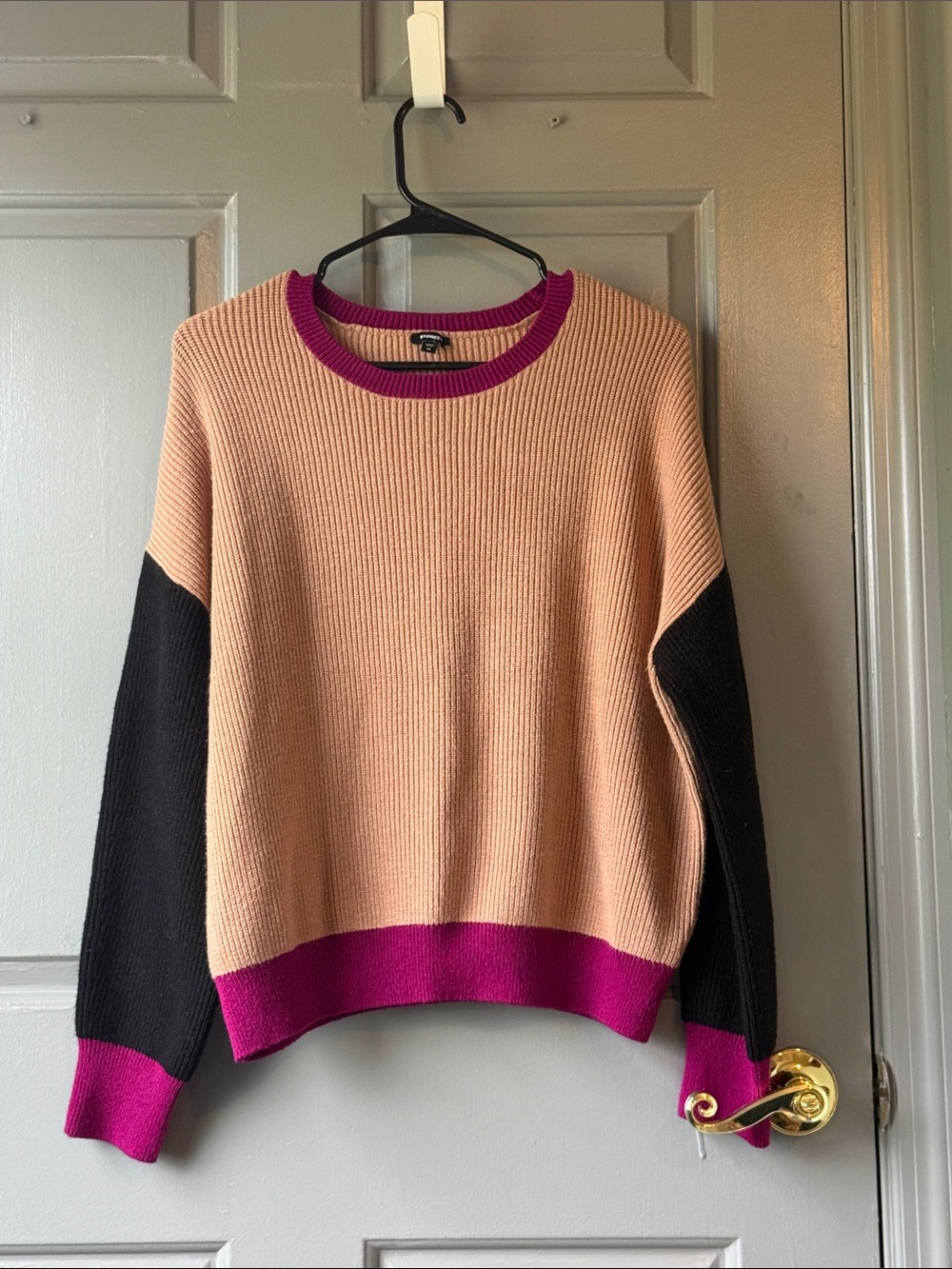 Express Colorblock Crewneck Sweater in Peach, Black & Fuchsia